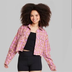 Wild Fable Long Sleeve Cropped Button Down Plaid Shirt Pink NWT Size S or M